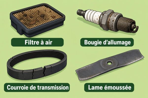 Ensemble d’outils et pièces pour entretien outils jardin potager : filtre à air, bougie d’allumage, courroie de transmission et lame émaillée.